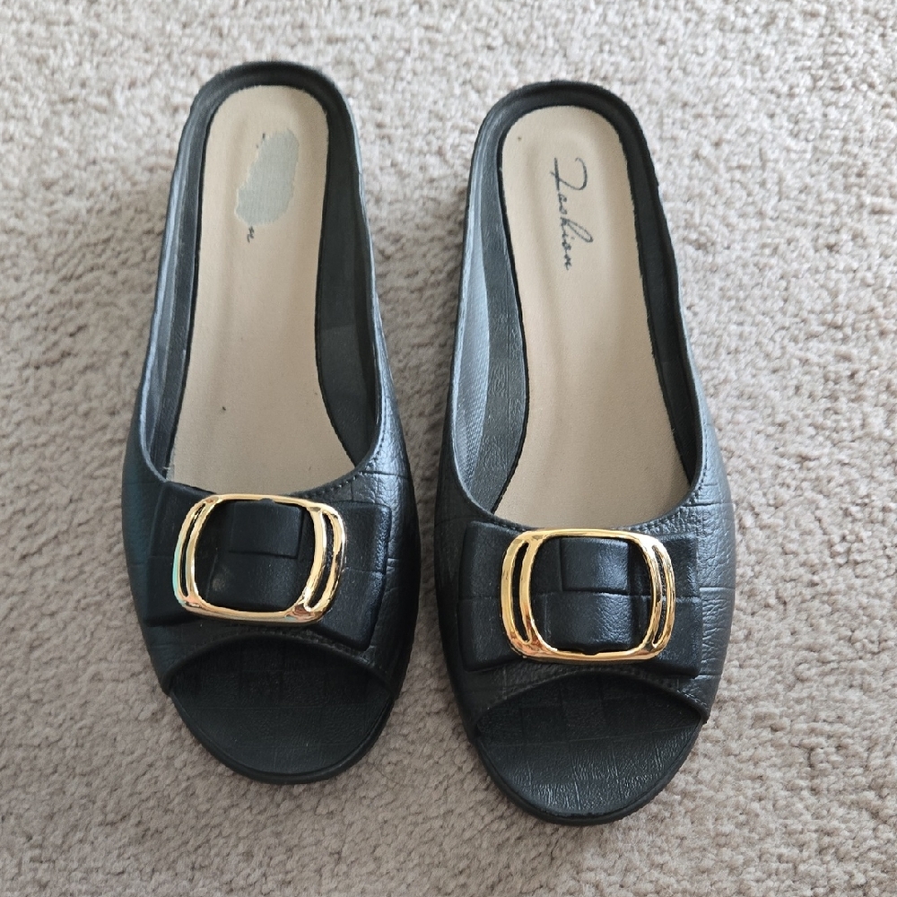 Fashion Nova Black Slide Mules with Gold Buckle